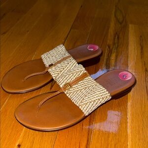 Italian Shoemakers Brown Leather Sandals with Cream Woven Strap
